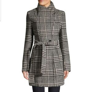 Calvin Klein Grey, White and Black, Plaid Belted, Wool Blend Coat, M